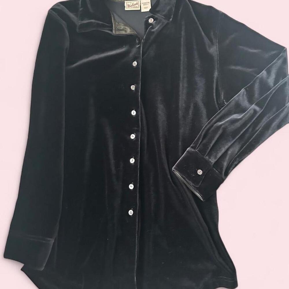 Vintage 90s Woolrich Black velvet button-up blouse with satin cuffs